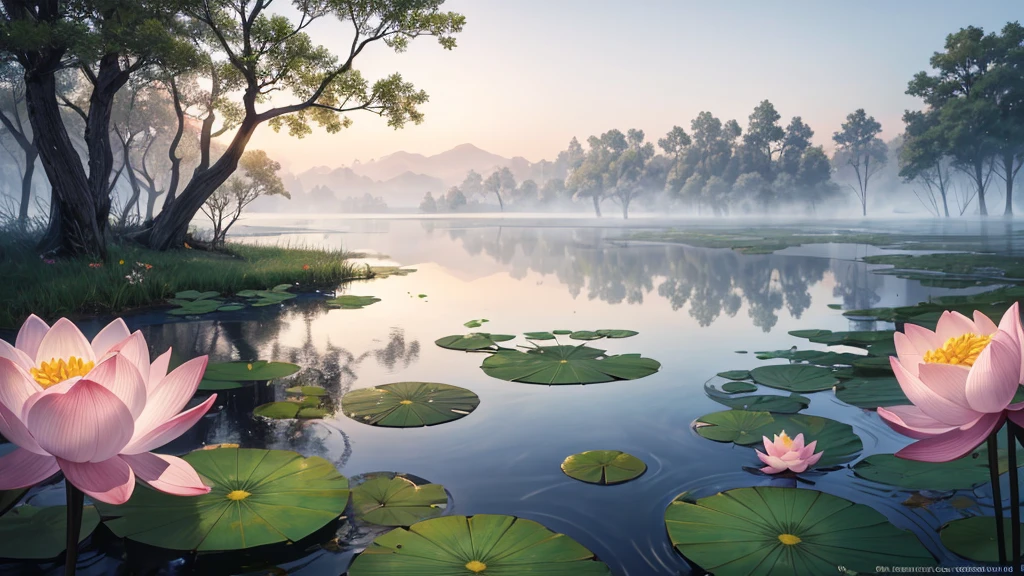 The photo depicts a peaceful scene with lotus flowers and lotus leaves on the water, perhaps a lotus pond. The air looks foggy, suggests a foggy early morning. Some pink lotus flowers are blooming, while the other flowers are still in bud form. Large green leaves float on the water, and there are reflections of flowers and leaves on the water. Rear, it looks like there is a willow tree hanging over the landscape, partly obscured by fog. This photo is interesting because it gives a feeling of peace and picturesqueness, evokes a feeling of stillness.