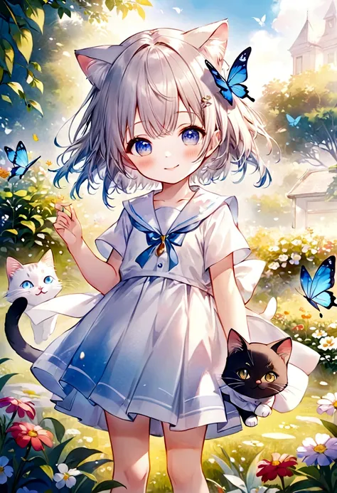 （highest quality）（watercolor）smiling anime girl with cat and butterfly in the garden、smiling eyes、cute detailed digital art、very...