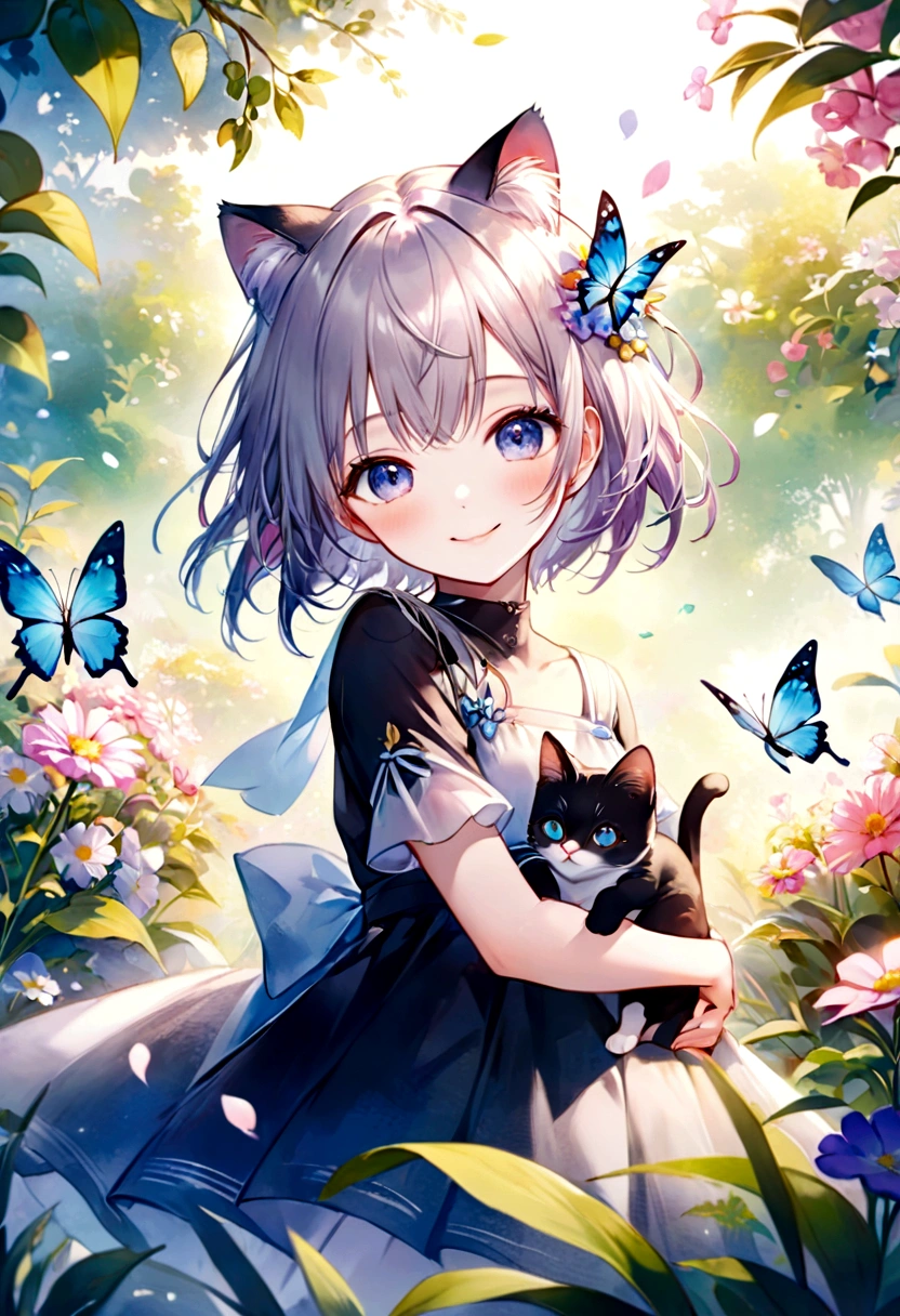 （Highest quality）（Watercolor）Smiling anime girl with cat and butterfly in the garden、Smiling eyes、Cute detailed digital art、Very beautiful anime cat girl、Anime style 4k、Soft anime illustration、guweiz style artwork、beautiful anime catgirl、anime art wallpaper 4k、anime art wallpaper 4k、Cute digital art、Anime fantasy illustration、Anime Art Wallpapers 8K
