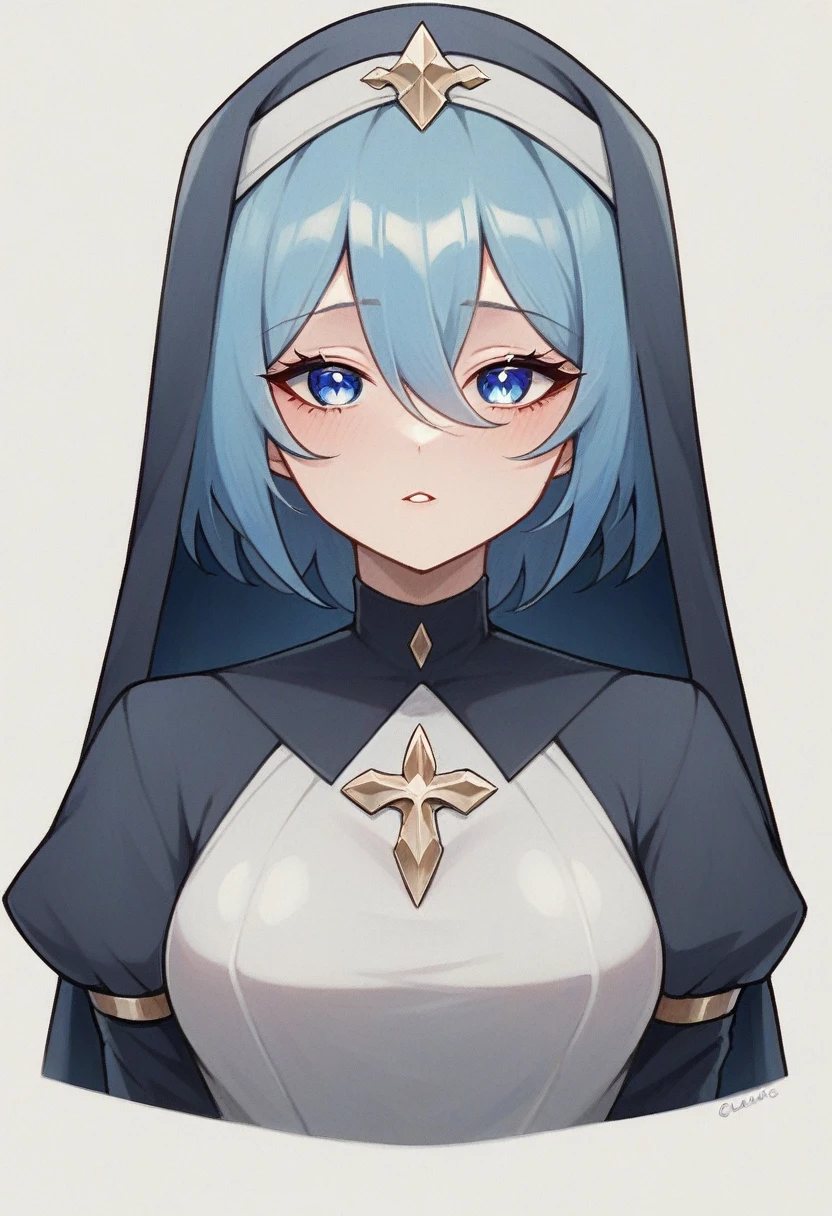 Master pice, high detail, best quality, absurdres, 1 girl, Furina from genshin impact, blue sky hair, blue eyes, detail eyes, crystal eyes, short hair, detail face, perfect face, perfect body, nun outfit, nun cosplay, alternative outfit, legs exposed, pelvis courtain, medium breast, curvy figure, 