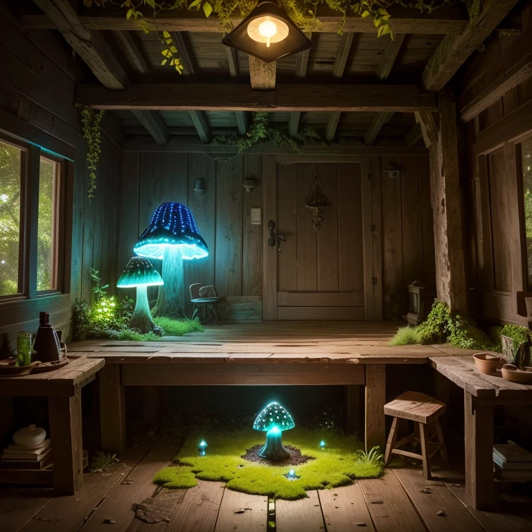 Bioluminescent Mushroom on a wooden table covered with moss and ivy in an old wooden house,whimsically,Beautiful weathered wood beams and floors,Magical atmosphere,evoke a sense of nostalgia and wonder。(best quality,highres,masterpiece:1.2),ultra-detailed,(realistic:1.37).
