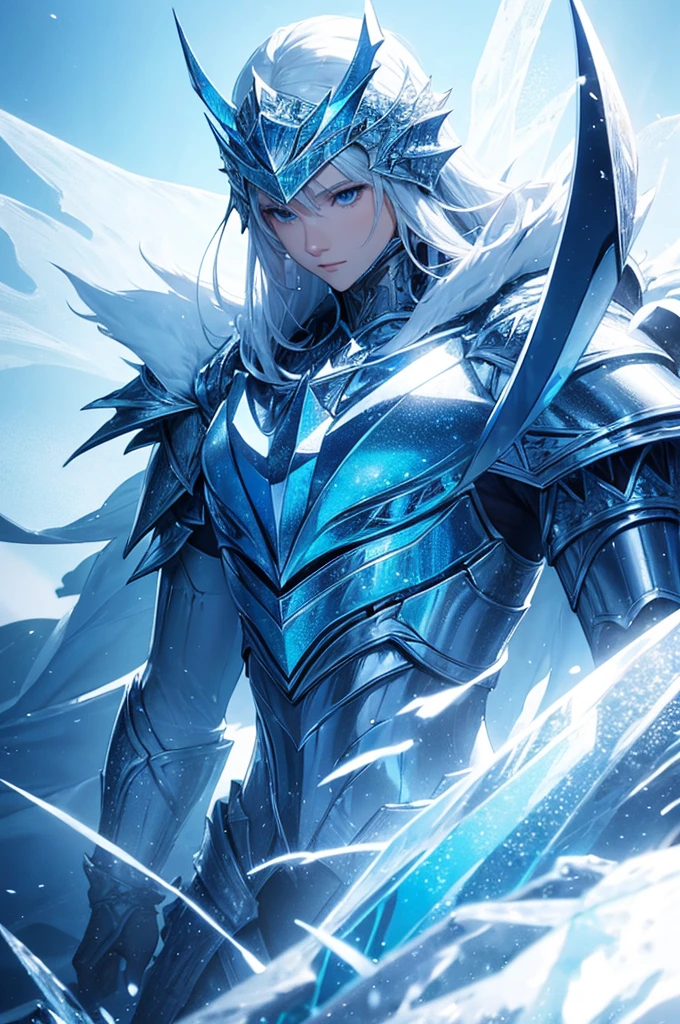 Ice knight, fine armor, intricate design, ocean blue details, silk, cinematic lighting, 4k, floating hair, sharp, prism, shining knight