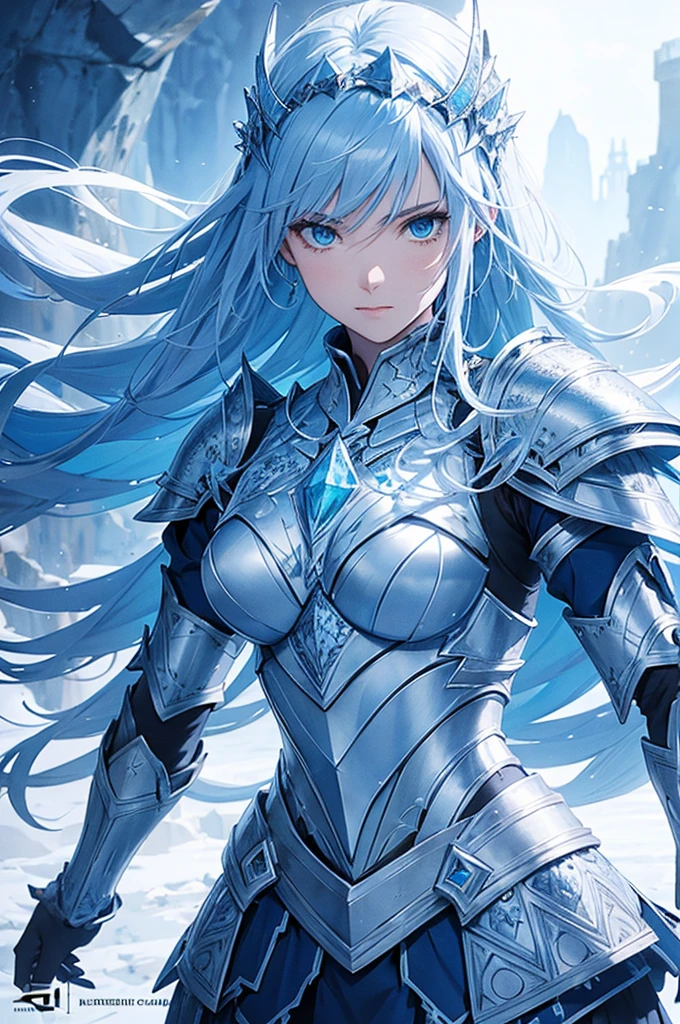 Ice knight, fine armor, intricate design, ocean blue details, silk, cinematic lighting, 4k, floating hair, sharp, prism, shining knight