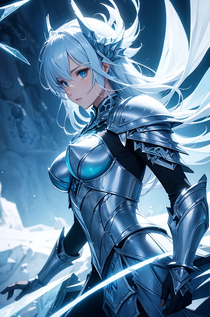 Ice knight, fine armor, intricate design, ocean blue details, silk, cinematic lighting, 4k, floating hair, sharp, prism, shining knight