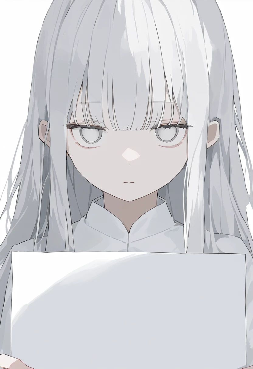 blank paper、Girl、Gray Hair、Long Hair、White eye color、All eyes are white、全体的に白いGirl、白いGirl、White background、白のGirl、White Room、blank paperのGirl、Emotionless、Expressionless