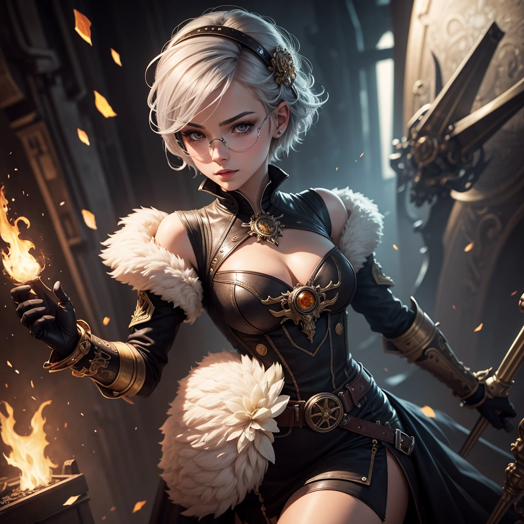 an extremely beautiful girl with short silver hair, dressed in posh steampunk painting-like style, with many dark goggles and cold flowers in her hair, extremely detailed and realistic, in the style of cross-processing/processed, artgerm, wealthy portraiture, fire and ice colors, photo taken with nikon d750, futurist dynamic movement, Alphonse Mucha style