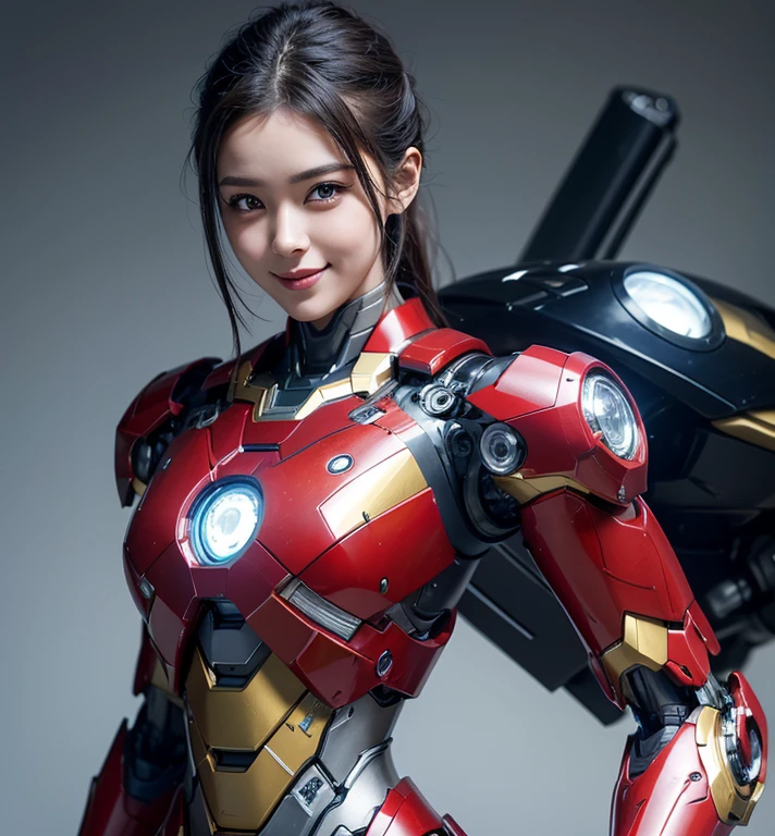 Textured skin, Super Detail, high details, High quality, Best Quality, hight resolution, 1080p, hard disk, Beautiful,(Iron Girl),Beautiful Smile,beautiful cyborg woman,Mecha Cyborg Girl,Battle Mode,Girl with a Mecha Body,She wears an Iron Man mech,A powerful cyborg woman, sleek and futuristic, with advanced mechanical augmentations that enhance her strength and capabilities