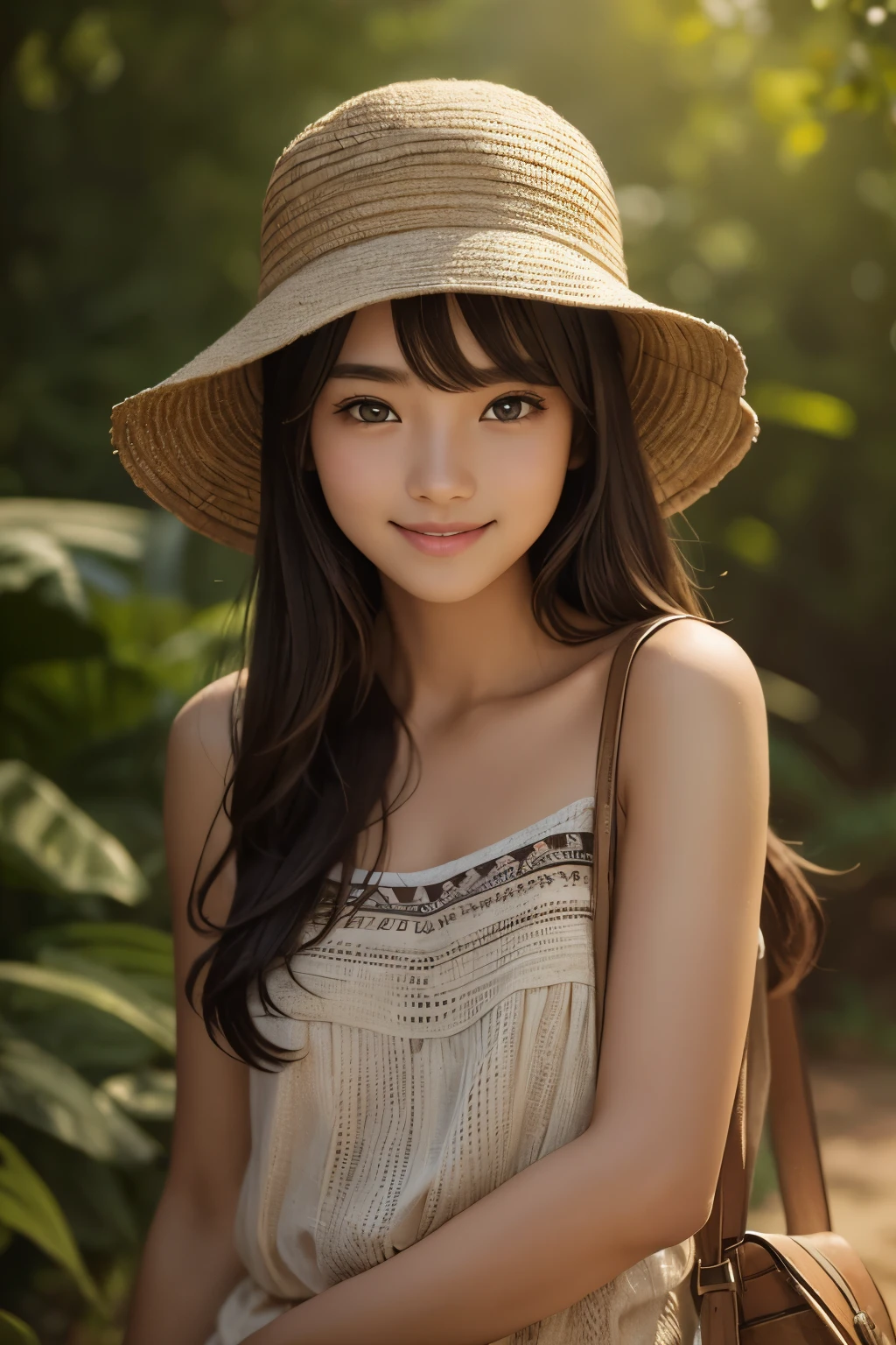 A four-color illustration with light and dark effects,
printed using an old printing method on textured traditional paper,
a beautiful and cute girl from an ancient civilization.
Beautiful and cute girl, smiling face, simple summer clothes, earth color clothes, natural color hat, small bag, bare shoulders, casual hairstyle, Bluish grey eyes, Slightly brown skin
