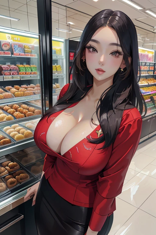 Araffe lady in red top standing in front of donut display area, beautiful south Korean woman, Korean woman, Korean Girl, beautiful Asian Girls, gorgeous young Korean woman, beautiful Asian woman, Asian Girls, an Asian woman, Asian woman, Asian Ultra Detailed, Asian women, beautiful young Korean woman, Beautiful lady, Asian women, star trek Asian woman ((Full and soft breasts,)))(((Large Breasts))) (((Cleavage)))