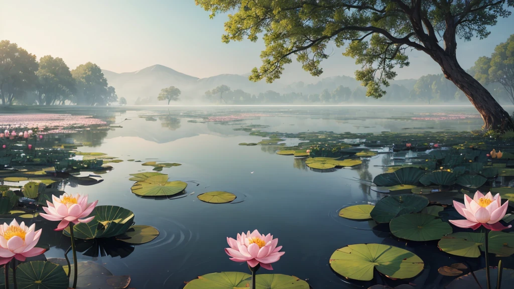 The photo depicts a peaceful scene with lotus flowers and lotus leaves on the water, perhaps a lotus pond. The air looks foggy, suggests a foggy early morning. Some pink lotus flowers are blooming, while the other flowers are still in bud form. Large green leaves float on the water, and there are reflections of flowers and leaves on the water. Rear, it looks like there is a willow tree hanging over the landscape, partly obscured by fog. This photo is interesting because it gives a feeling of peace and picturesqueness, evokes a feeling of stillness.