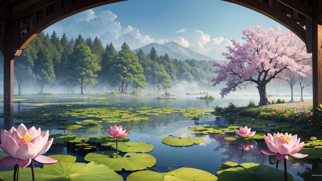 The photo depicts a peaceful scene with lotus flowers and lotus leaves on the water, perhaps a lotus pond. The air looks foggy, suggests a foggy early morning. Some pink lotus flowers are blooming, while the other flowers are still in bud form. Large green leaves float on the water, and there are reflections of flowers and leaves on the water. Rear, it looks like there is a willow tree hanging over the landscape, partly obscured by fog. This photo is interesting because it gives a feeling of peace and picturesqueness, evokes a feeling of stillness.