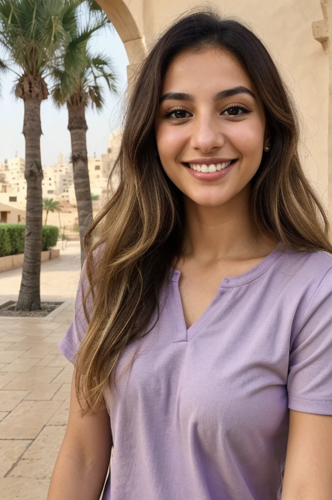 24YO,one attractive Jordanian women, purple shirt, cute smile, cute face, white teethes, skinny face, light brown eyes, small nose, black/blonde long hair