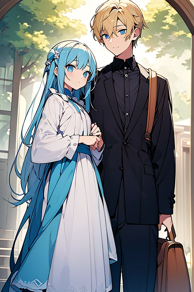 ((best quality)), ((masterpiece)), (detailed), perfect face The girl has long white domain blue hair with the boy has blonde hair standing side by side carrying bags