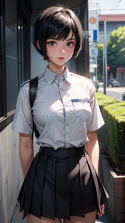 1 woman, , ((buzz pixie haircut)), black eyes, Indonesian high-school uniform, white shirt, osis logo on shirt pocket, medium breasts, grey pleated skirt, half-shot, innocent look