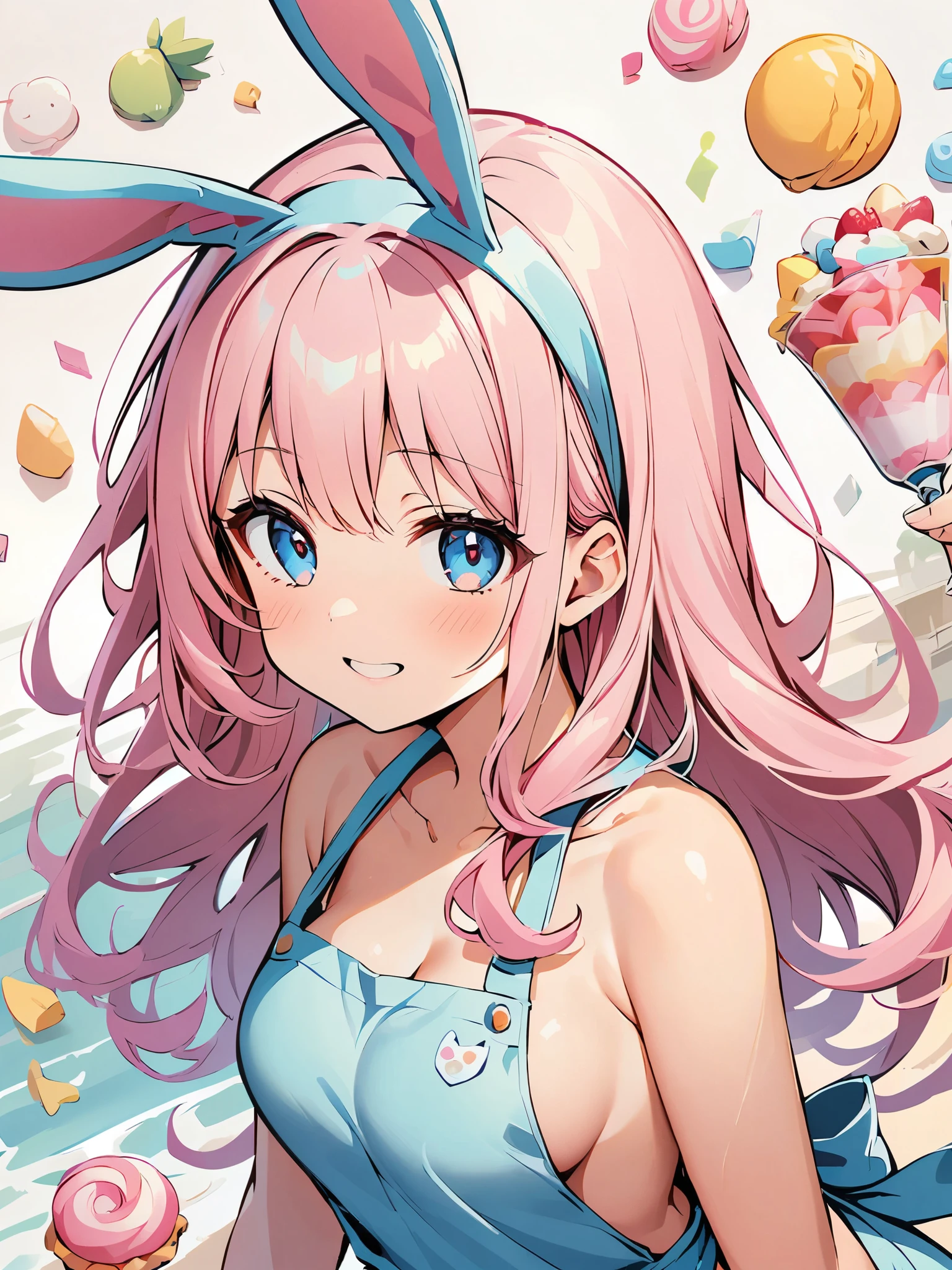 masterpiece, highest quality, Pop illustrations, Pop colors, Pastel Tones, pastel colour,Big Butt,waitress,Miniskirt,smile