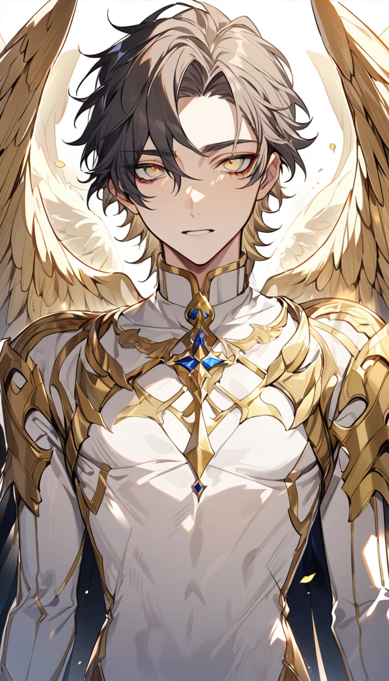 (high-quality, breathtaking),(expressive eyes, perfect face) archangel joel, male, golden wings, pale light yellow eye color