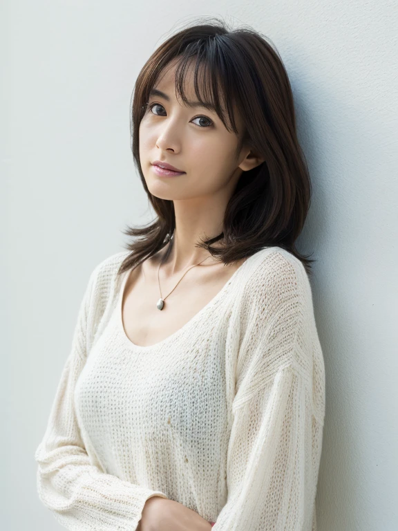 (Highly realistic photos, High resolution, detailed face, fine eyes), ((Taken in front of a white wall))、japanese woman, 40 years old, various expressions, alone:1, slim figure, different hairstyles, casual clothes, Only one person appears in the photo、long sleeve dress、black clothes、Photographed in natural light、simple necklace、spring clothes、don't look at the camera、profile、bob hair