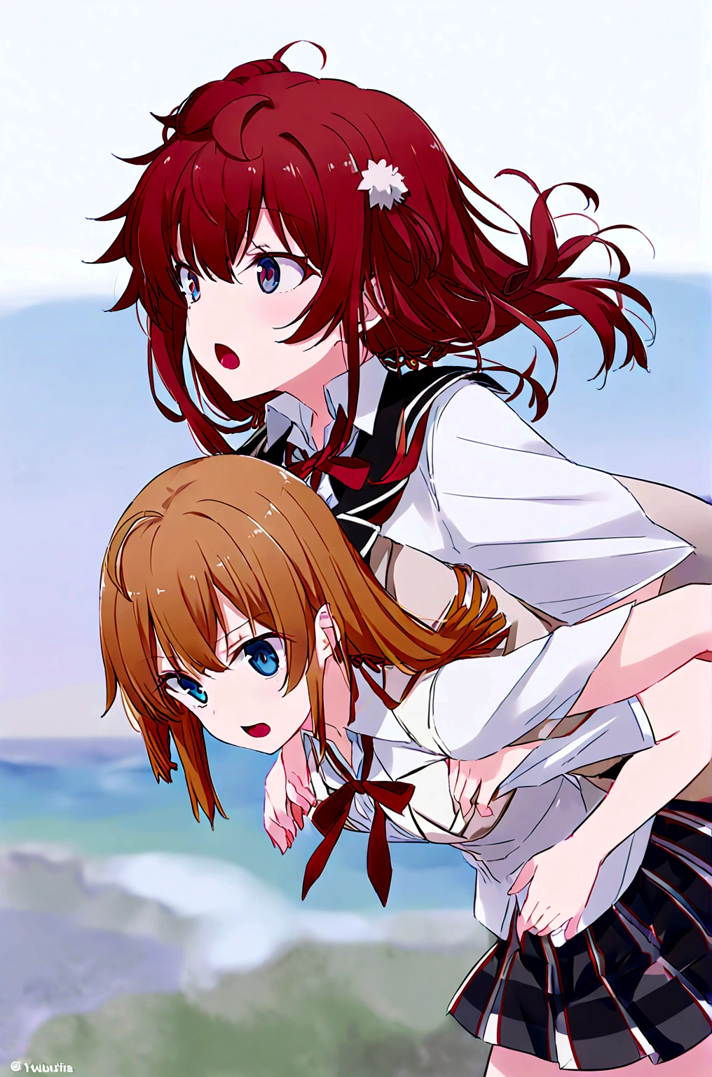 2 grils yukino yukinoshita black hair blue eyes giving Yuigahama Yui piggyback ride, Yukinoshita Yukino takes a piggyback ride, size difference, yukino Yukinoshita,