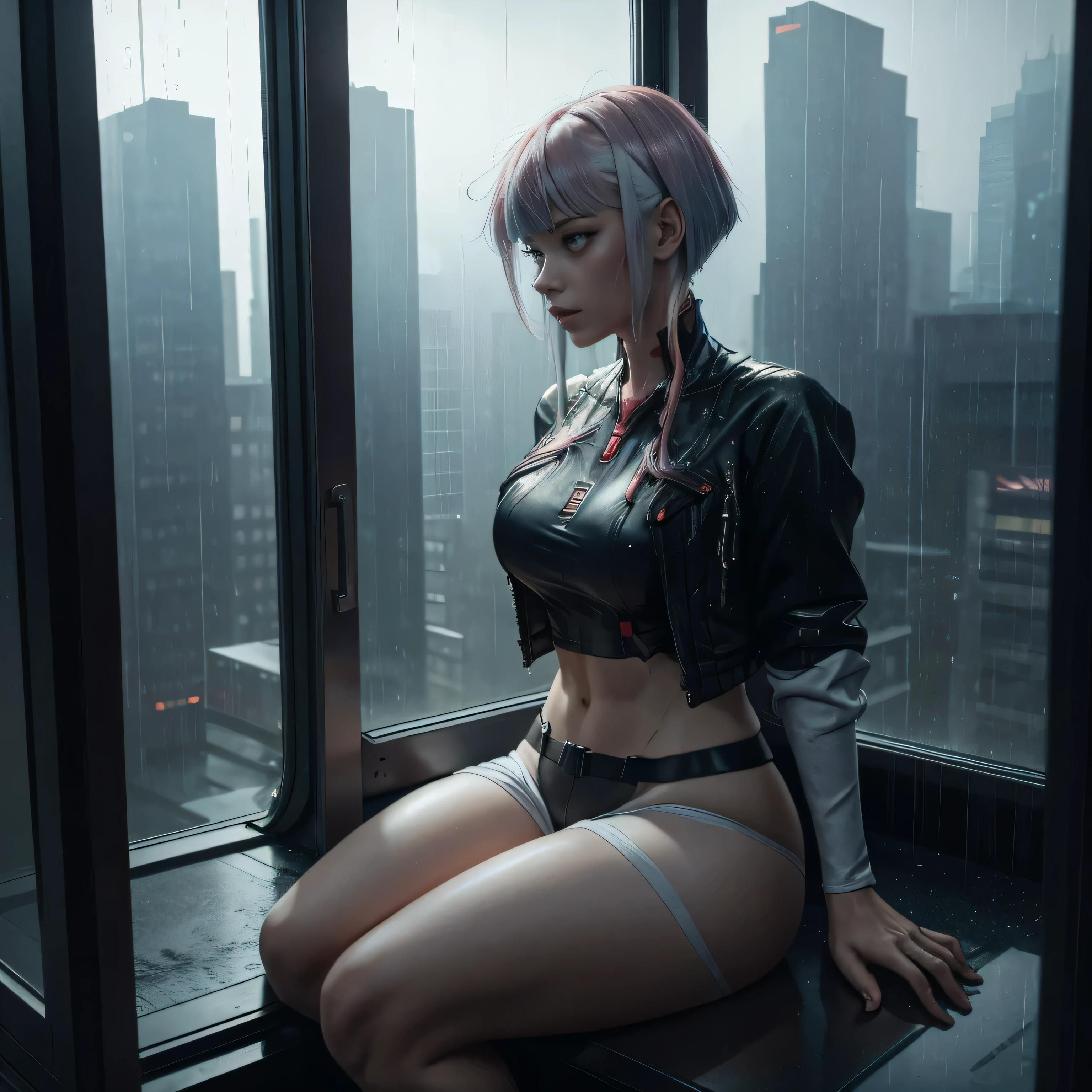 Lucy from cyberpunk, raining, foggy window, rain on window, looking out of window, casual clothes, thick thighs, in underwear, wet clothes