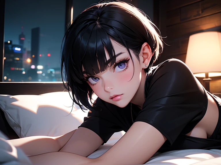 Eliza from Tekken, short black hair with bangs passing past her shoulders, short hair at the back of her head, soft gothic makeup on her eyes, purple lipstick, light casual blouse with a low neckline, short black skirt made of light fabric, sitting on the edge of the bed while caressing her face of a young man who is sleeping