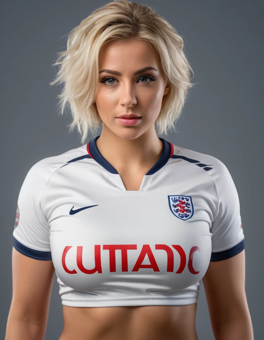 beautiful blonde woman wearing a tight England football shirt and gstring panties, full body picture, intricate detailed face, perfect body, athletic body, beautiful detailed eyes, beautiful detailed lips, long eyelashes, muscular athletic figure, dynamic action pose, (best quality,4k,8k,highres,masterpiece:1.2),ultra-detailed,(realistic,photorealistic,photo-realistic:1.37),HDR,UHD,studio lighting,ultra-fine painting,sharp focus,physically-based rendering,extreme detail description,professional,vivid colors,bokeh,sports,football,portrait, (messy bob hairstyle, white blond hair color), messy hairstyle, messy bob, messy hairstyle, white blond, 5 foot 3 inches tall, 110 pounds in weight, 34G breasts, large firm round breasts, very large breasts, cleavage, photorealistic, 4K, 8K, UHD, long shot,