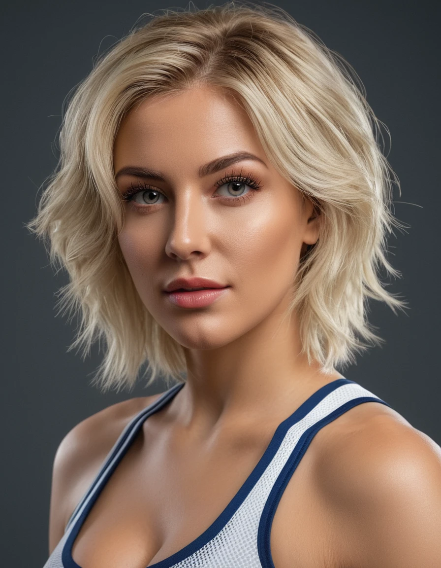 beautiful blonde woman wearing a tight England football shirt and gstring panties, full body picture, intricate detailed face, perfect body, athletic body, beautiful detailed eyes, beautiful detailed lips, long eyelashes, muscular athletic figure, dynamic action pose, (best quality,4k,8k,highres,masterpiece:1.2),ultra-detailed,(realistic,photorealistic,photo-realistic:1.37),HDR,UHD,studio lighting,ultra-fine painting,sharp focus,physically-based rendering,extreme detail description,professional,vivid colors,bokeh,sports,football,portrait, (messy bob hairstyle, white blond hair color), messy hairstyle, messy bob, messy hairstyle, white blond, 5 foot 3 inches tall, 110 pounds in weight, 34G breasts, large firm round breasts, very large breasts, cleavage, photorealistic, 4K, 8K, UHD, long shot, 