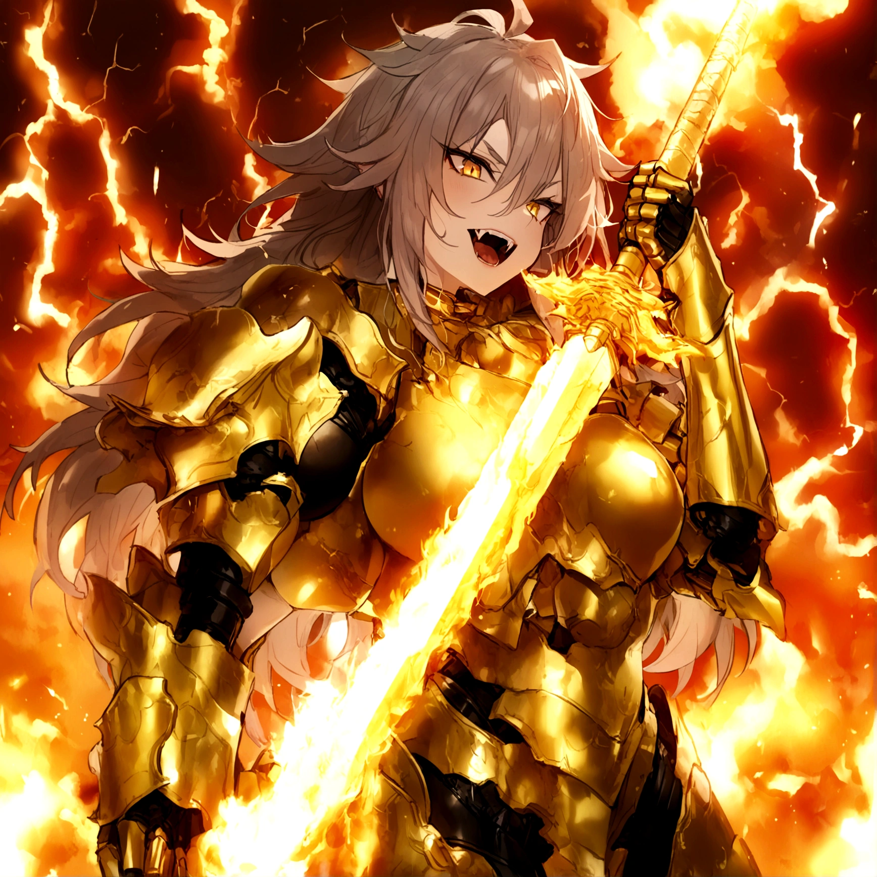 ((Lightning Power)), ((Electricity)), ((Fire Background)), ((Lightning Storm)), ((Power Erupting)), ((((android 21 Evil)))), (((Evil Power))), (((white Coat))), (((Busty))), (((((Big breast:1,3)))), luxury bustier corset, (((silver hair))), (((Very slim waist))), propotional body, ((Gorgeous)), (((Fire Blazing Horns))), ((((gold wings))), masterpiece, hyperdetail, ambient effect, digital effect, (((FIRE SWORD)), (((Lightning Sword))), (((Fire Gold Armor))), (((Lightning Gold Wings)))