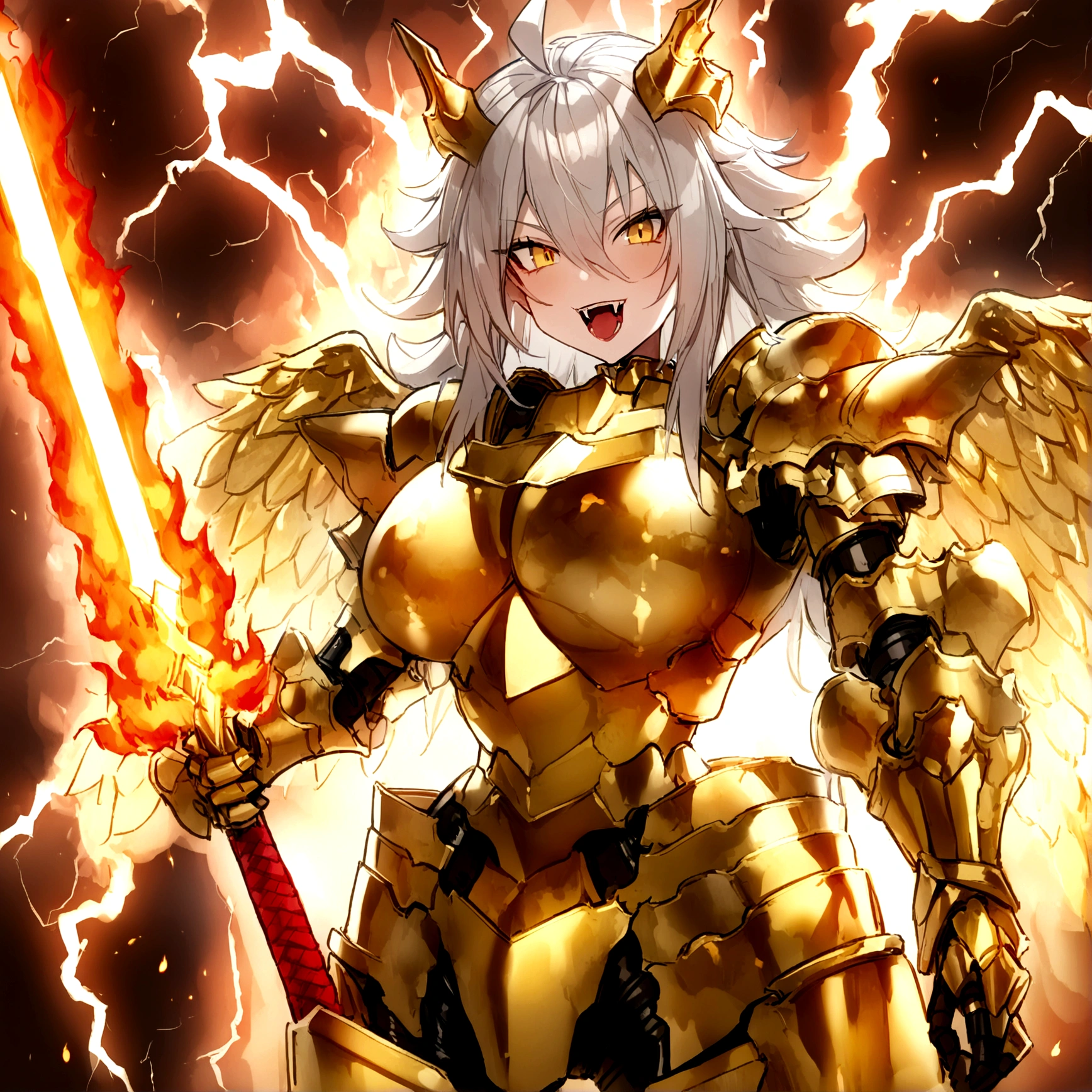 ((Lightning Power)), ((Electricity)), ((Fire Background)), ((Lightning Storm)), ((Power Erupting)), ((Explosion)), ((((android 21 Evil)))), (((white Coat))), (((Busty))), (((((Big breast:1,3)))), luxury bustier corset, (((silver hair))), (((Very slim waist))), propotional body, ((Gorgeous)), (((Fire Blazing Horns))), ((((gold wings))), masterpiece, hyperdetail, ambient effect, digital effect, (((Fangs))), (((FIRE SWORD)), (((Lightning Sword))), (((Fire Gold Armor))), (((Lightning Gold Wings)))