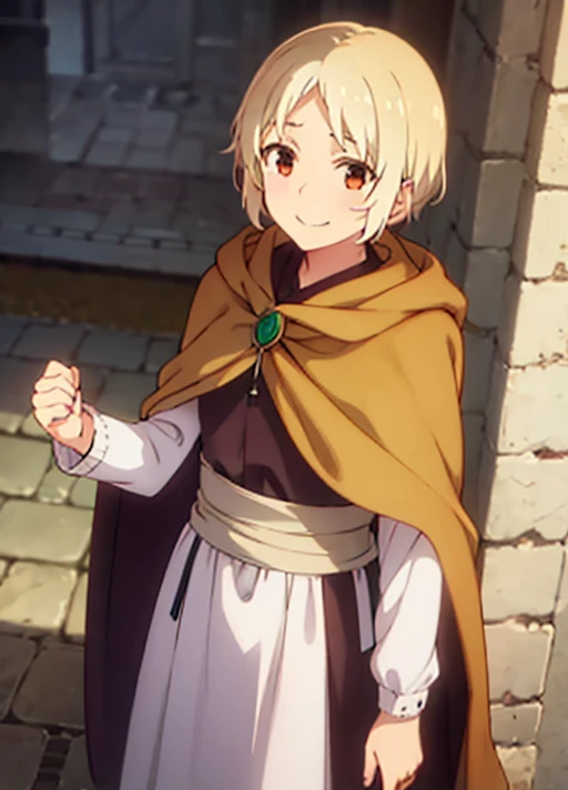 (masterpiece, best quality:1.2),
Nora, 1girl, short hair, brown eyes, blonde hair, cloak, smile, blush, looking at viewer,