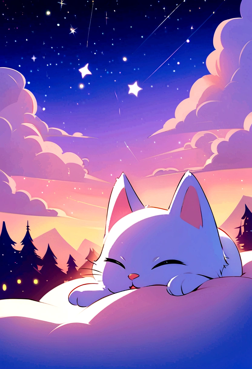 Please draw a picture that meets the following conditions.
The angle of view is a close-up,HD, Disney Pixar style, digital painting, natural lighting, rich background, edge lighting, dreamy color tone, color palette, aspect ratio 16:9This picture depicts a small orange-and-white cat lying peacefully on a cloud that looks like snow, with its eyes closed, as if enjoying a sweet dream. The cat’s expression is very calm and content, with its mouth corners slightly turned up as if it’s smiling. The background of the painting is a dreamlike starry sky, adorned with dangling stars and soft halos, some of which connect with graceful lines to create a quiet and peaceful night atmosphere.The overall style can be described as full of fantasy and fairy-tale colors. The entire image is dominated by warm and bright colors, The use of color is soft and layered; the orange and white cat contrasts sharply with the dark blue and purple background, creating a warm versus cool tone that enhances the snug feel of the picture.presenting a peaceful, warm, and pleasant feeling that makes one’s mood very relaxed and happy after looking at it. In addition, the details of the painting are exquisitely handled, such as the texture of the cat’s fur, the fluffiness of the clouds, and the twinkling starlight, all of which add to the picture’s delicacy and charm.