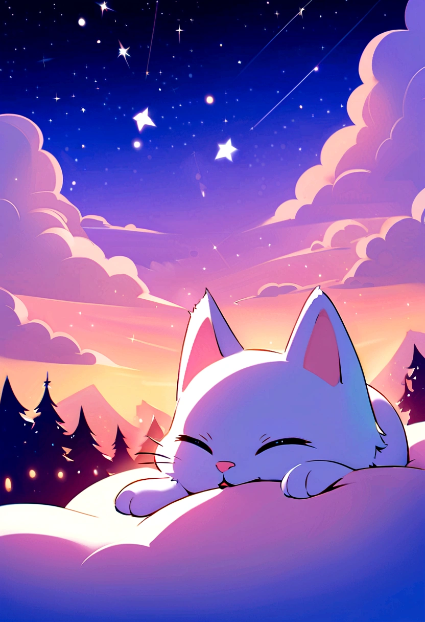 Please draw a picture that meets the following conditions.
The angle of view is a close-up，HD, Disney Pixar style, digital painting, natural lighting, rich background, edge lighting, dreamy color tone, color palette, aspect ratio 16:9This picture depicts a small orange-and-white cat lying peacefully on a cloud that looks like snow, with its eyes closed, as if enjoying a sweet dream. The cat’s expression is very calm and content, with its mouth corners slightly turned up as if it’s smiling. The background of the painting is a dreamlike starry sky, adorned with dangling stars and soft halos, some of which connect with graceful lines to create a quiet and peaceful night atmosphere.The overall style can be described as full of fantasy and fairy-tale colors. The entire image is dominated by warm and bright colors, The use of color is soft and layered; the orange and white cat contrasts sharply with the dark blue and purple background, creating a warm versus cool tone that enhances the snug feel of the picture.presenting a peaceful, warm, and pleasant feeling that makes one’s mood very relaxed and happy after looking at it. In addition, the details of the painting are exquisitely handled, such as the texture of the cat’s fur, the fluffiness of the clouds, and the twinkling starlight, all of which add to the picture’s delicacy and charm.