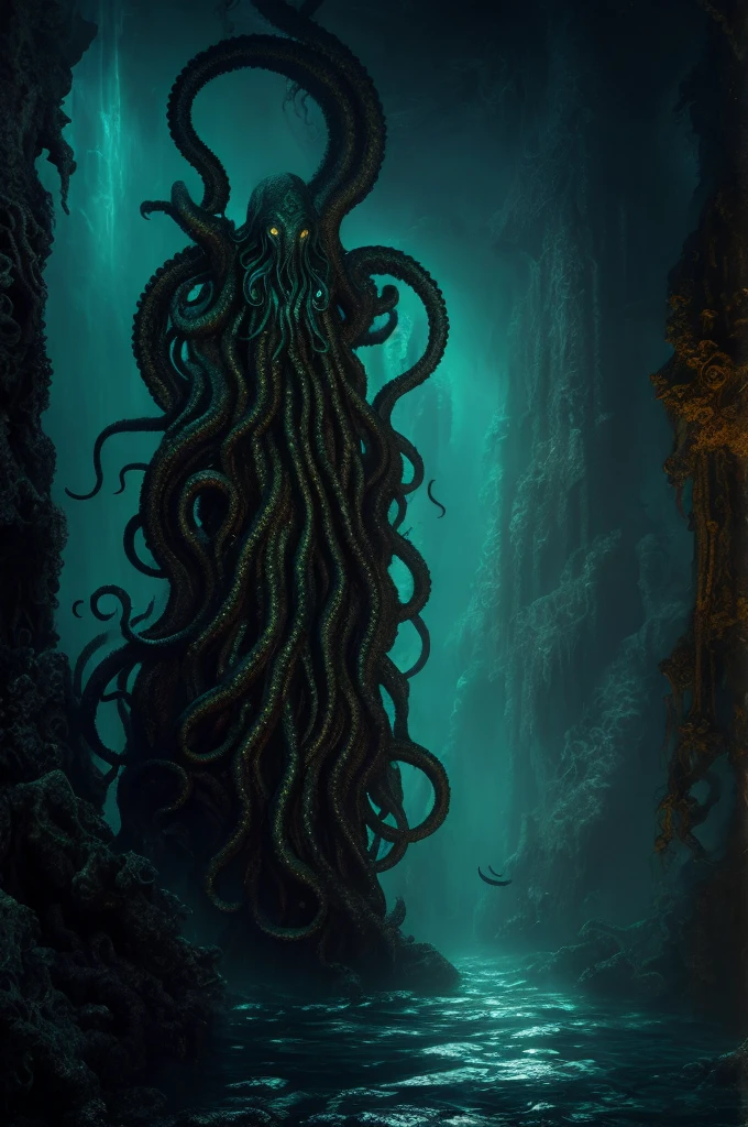 Cthulhu, mythical creature, tentacles, deep sea, darkness, mysterious, ancient, ruins, mystical symbols, mysterious glow, underwater palace,illustration,oil painting,highres,masterpiece:1.2,ultra-detailed, HDR,studio lighting,extreme detail description,professional,horror,realistic,vivid colors,deep blue tones, mysterious lighting