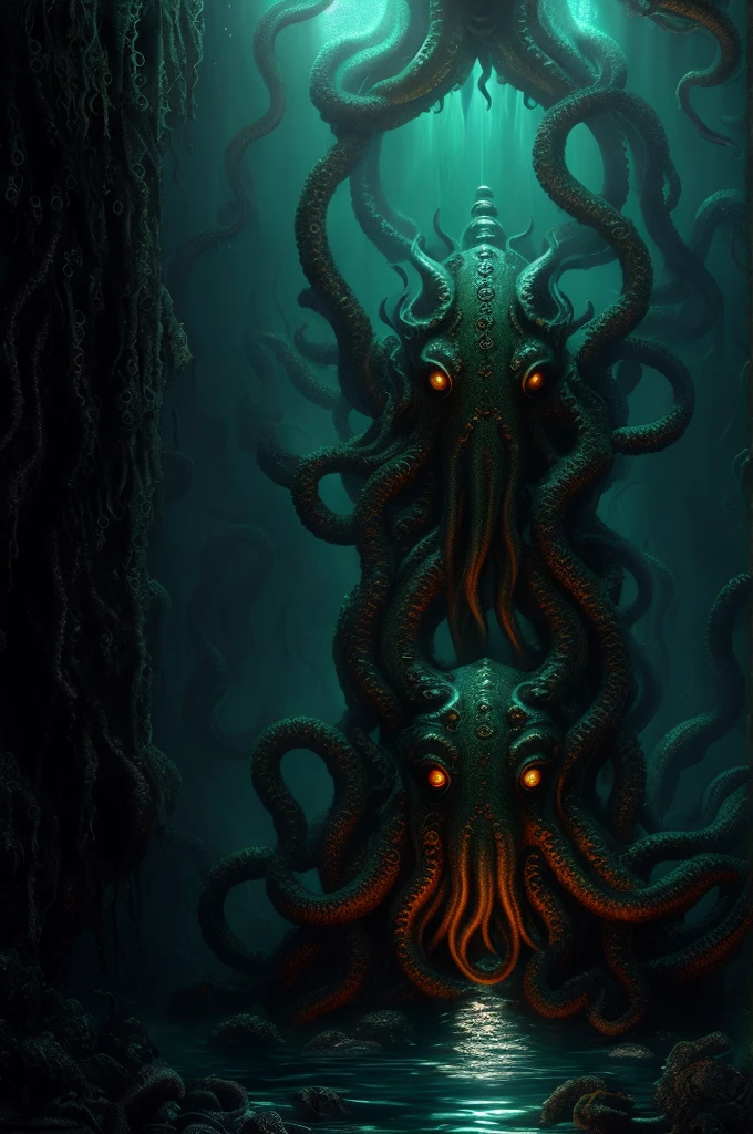 Cthulhu, mythical creature, tentacles, deep sea, darkness, mysterious, ancient, ruins, mystical symbols, mysterious glow, underwater palace,illustration,oil painting,highres,masterpiece:1.2,ultra-detailed, HDR,studio lighting,extreme detail description,professional,horror,realistic,vivid colors,deep blue tones, mysterious lighting