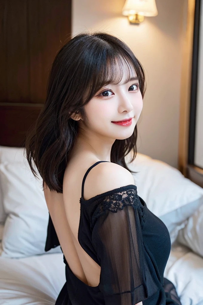 nsfw、Big Tits、(back pose:1.3) or (back view:1.3)、Looking over your shoulder at the camera、double eyelid、Highest quality, shape, Very detailed, Fine details, High resolution, 8k, Perfect dynamic composition, Beautiful details, ,Natural color lip, A shy smile,Beautiful 20 year old woman、The only person, Cute type、Long Black Hair、On the bed