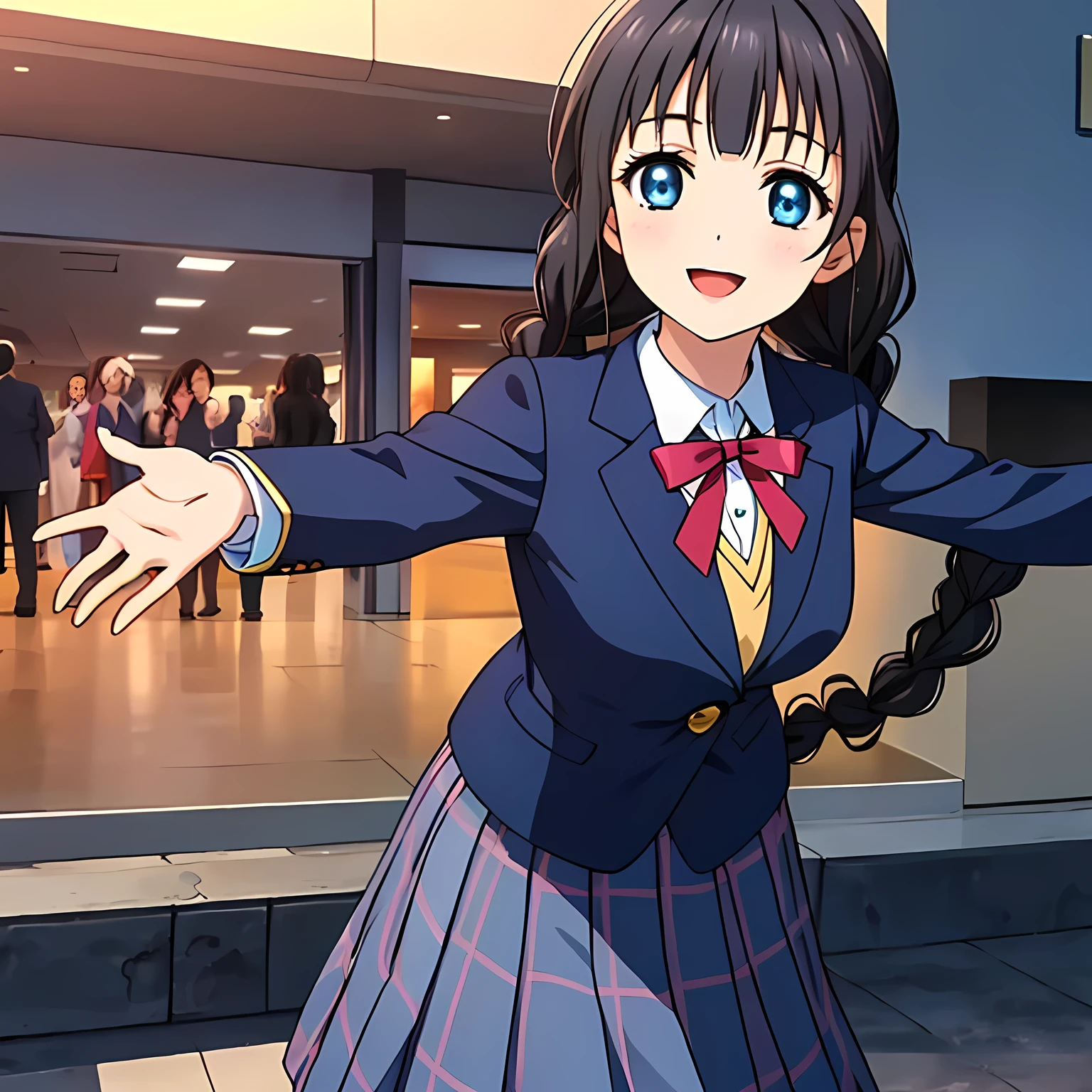 (highest quality, masterpiece:1.2), highest quality, High resolution, 1080p, 8K, Height: 158cm, ((High-definition game CG)), ((Like a beautiful girl dreaming of a game heroine、A very intelligent, very noble, pretty and pure beautiful girl.、With the best smile、Looking at the audience、Hands over their mouths)), A face that everyone loves, Glossy lips, Even bangs, ((Very beautiful blue eyes)), The very large red shiny wide ribbon bowtie is very cute., ((Black Hair)), ((long twin braids)), (((A long, neat, dark navy blue checked pleated skirt))), (((Dark blue winter long sleeve blazer))), How to wear a neat uniform, Extremely lustrous, shiny game heroine lips, A girl with her open hand over her open mouth, like a game heroine, Ribbon in hair, Tight waist, slender, The ribbon is big and very pretty., Beautiful hair like a hair model, Long skirt, ((((A succubus is about to attack the viewer))))
