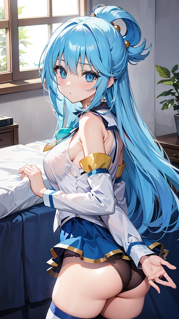 masterpiece, best quality, high resolution, unity 8k wallpaper, (illustration:1.1), ultra-detailed face, extremely detailed CG,
perfect anatomy, nice hands, perfect hands,
Aqua,
Aqua\(konosuba\),
1girl,
long hair, single hair ring,
blue hair,
(blue eyes:1.2), (beautiful detailed eyes:1.5),
BREAK looking at viewer,
blush,
blue shirt, blue skirt, white thighhighs, bare shoulders, detached sleeves,
medium breasts,
zettai ryouiki,
green bow,
cowboy shot,
shoot from front,
perfect lighting,
BREAK background of indoor, lie on the bed, Booty pose, show panties, nsfw,
