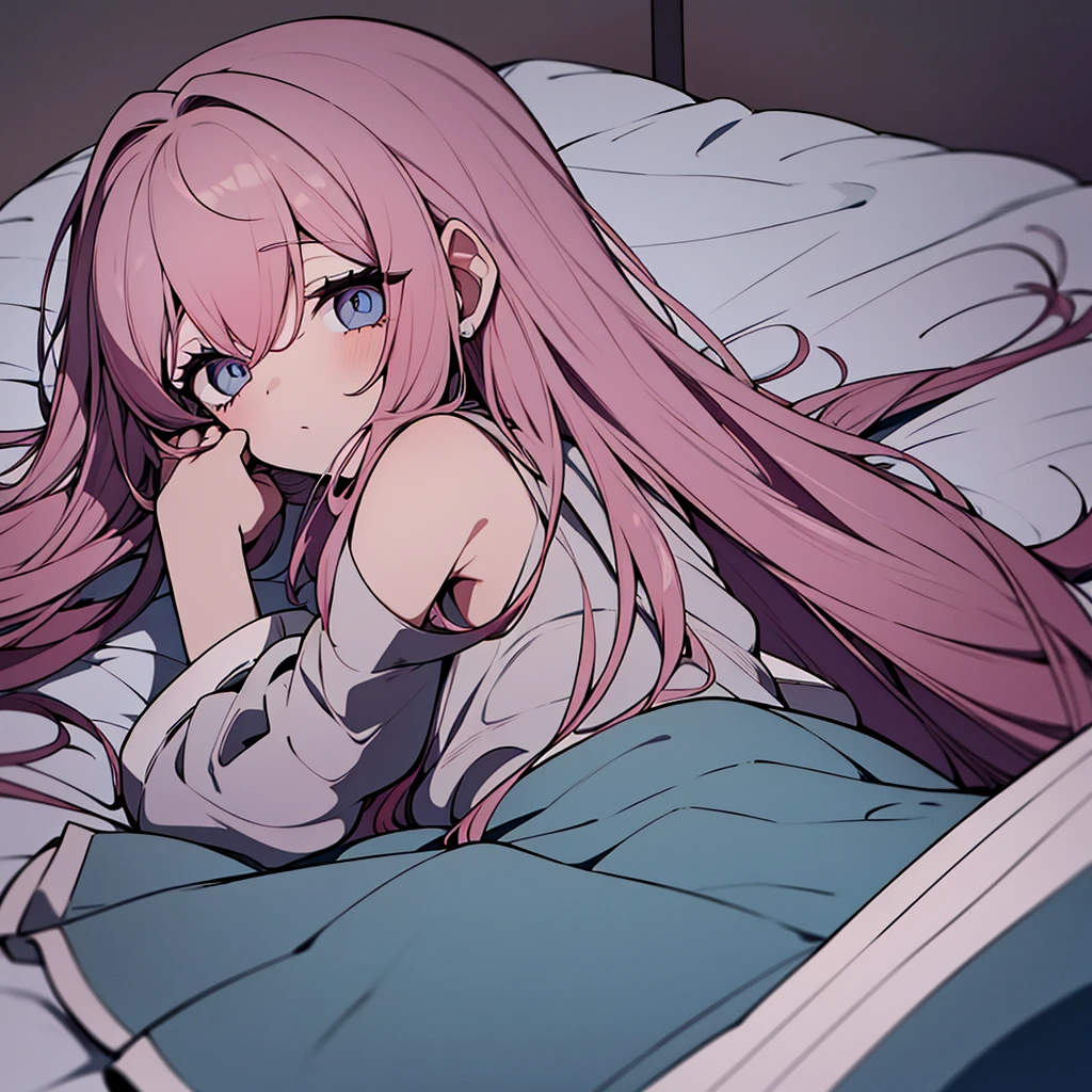 garota de cabelo rosa, franja, olhos rosa, pijama preto, Deitado na cama, vistas noturnas, escuro, rubor, molhado, shy, com sono, Tangtopo, adulto, namorada, lamber, language