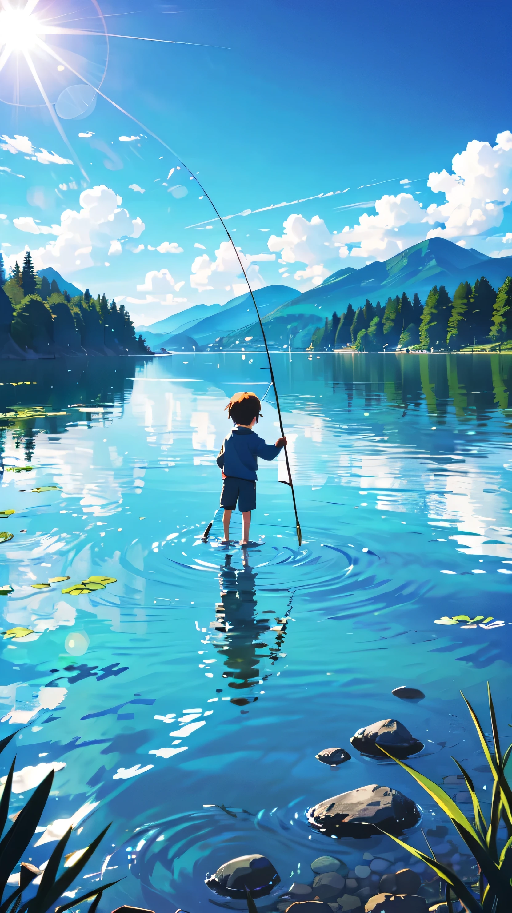 A little boy fishing on a beautiful lake, clear blue skies, sunshine,