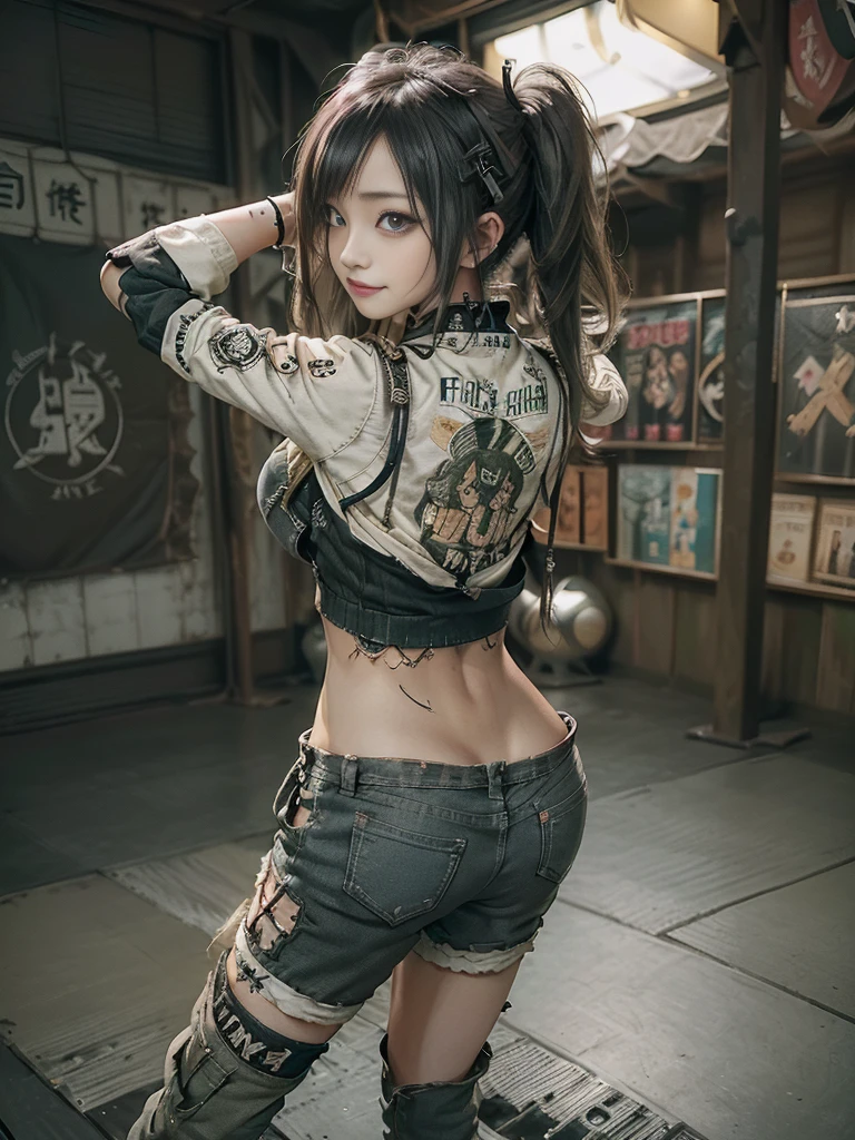 (Full Body View:1.3)、(Back view:1.4)、(Hostess:1.3)、(Smiling with teeth showing:1.3),(Shibuya Gal:1.5)、(y2k woman:1.4)、(Lolita Fashion:1.5)、(Punk RockVisual Kei:1.4)、(A modern short jacket in dark grey and moss green.:1.5)、(Tattered brown and charcoal denim low rise cargo pants:1.5)、(Mustard Yellow Headband:1.3)、(Charcoal and khaki striped knee socks:1.4)、collar、(Brown platform long boots)、(Clothing with logo pattern:1.4)、20-year-old、(Doing an aerobics pose:1.3)、NSFW,((Highest quality、In 8K、masterpiece:1.3))、Sharp focus:1.2、(Layered Cut、Huge boobs:1.1),Beautiful woman with perfect figure:1.4、(Dancing vigorously:1.3)、(Open legs:1.3)、(Raise your arms:1.2)、(Open your crotch:1.3)、Slender Abs:1.2、Butt、Highly detailed face and skin texture、Detailed eyes、double eyelid,(Twin tails:1.3)、(Cream colored hair:1.3)、Dynamic Pose、Obscene pose、Humiliating pose、Gravure idol、(Luxurious amusement park at night:1.3)、(Make your legs thinner:1.4)、(Slim body:1.3)、(clavicle:1.1)