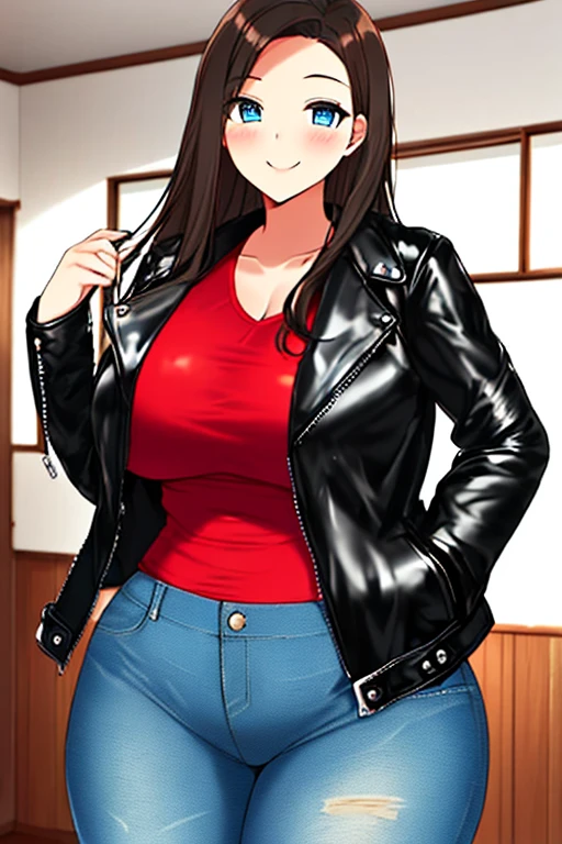 A Cute Girl, Very Curvy, ((Long, Lush, Brunette Hair)), ((Big, Beautiful, Blue Eyes)), ((Black Leather Jacket)), Red Shirt, ((Heavily Worn, Jeans)), Cute Smile, inside a modern house,