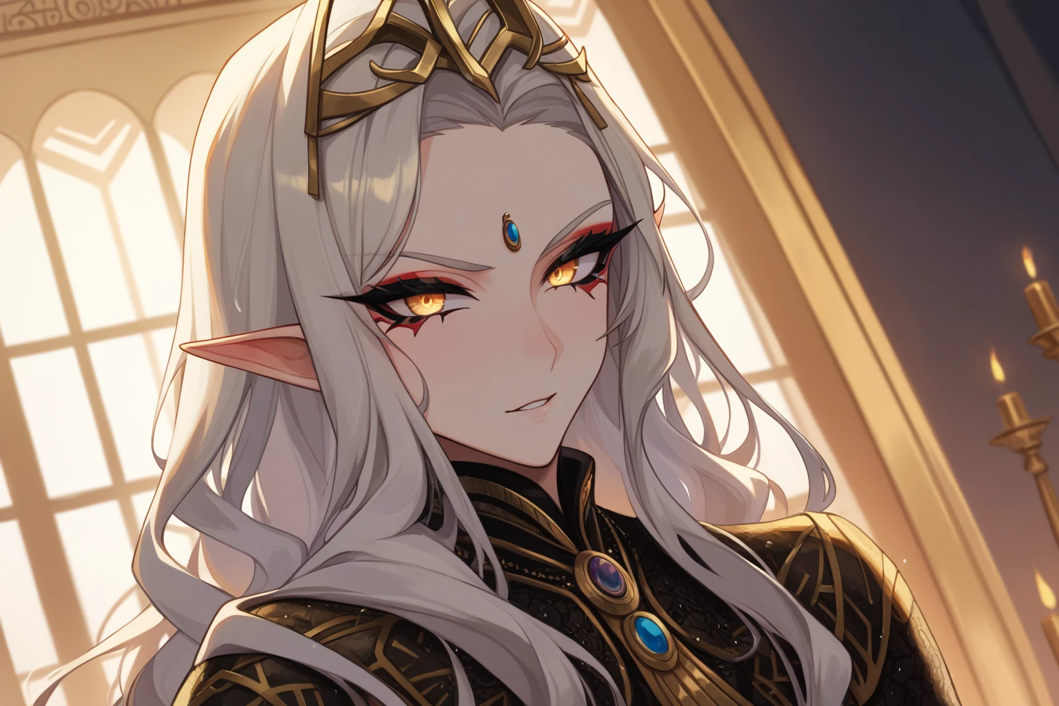 (yellow skin 1.8), (deep yellow skin), (bespectacled), (elegant eyeglasses), (masterpiece),(highest quality),highres, (extremely detailed), ultrahires, dunmer, altmer, pretty boy, anime guy, anime boy, dollish eyelashes, long wavy hair, portrait, matador, delicate lace, richly patterned brocade, smoky eyes, egyptian eyeliner, ostentatious brocade robes, glamorous, gorgeous, stunning eyes, jewelry, veils, golden skin, dewy skin, bjd, glossy eyelids, wet eyeshadow, vibrant, pointy chin, v shaped jaw, domineering, proud, slender, high elf, curly hair,