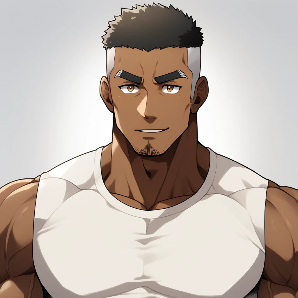 negro，negro，negro，anime characters：Gyee, Fitness coach, negro black skin, 1 muscular tough guy, Manliness, male focus, Cream White Sleeveless Tight T-Shirt, Very tight, The pectoral muscles are oversized, Slightly transparent, muscular male, muscular, only, Upper body, alone, White short hair, Thick eyebrows, stubble, Brown eyes, Grey background, simple background, amazing quality, best aesthetics, Ridiculous, bright pupils, crew cut, parted lips, seductive smile, torogao, naughty face, drop shadow, best quality