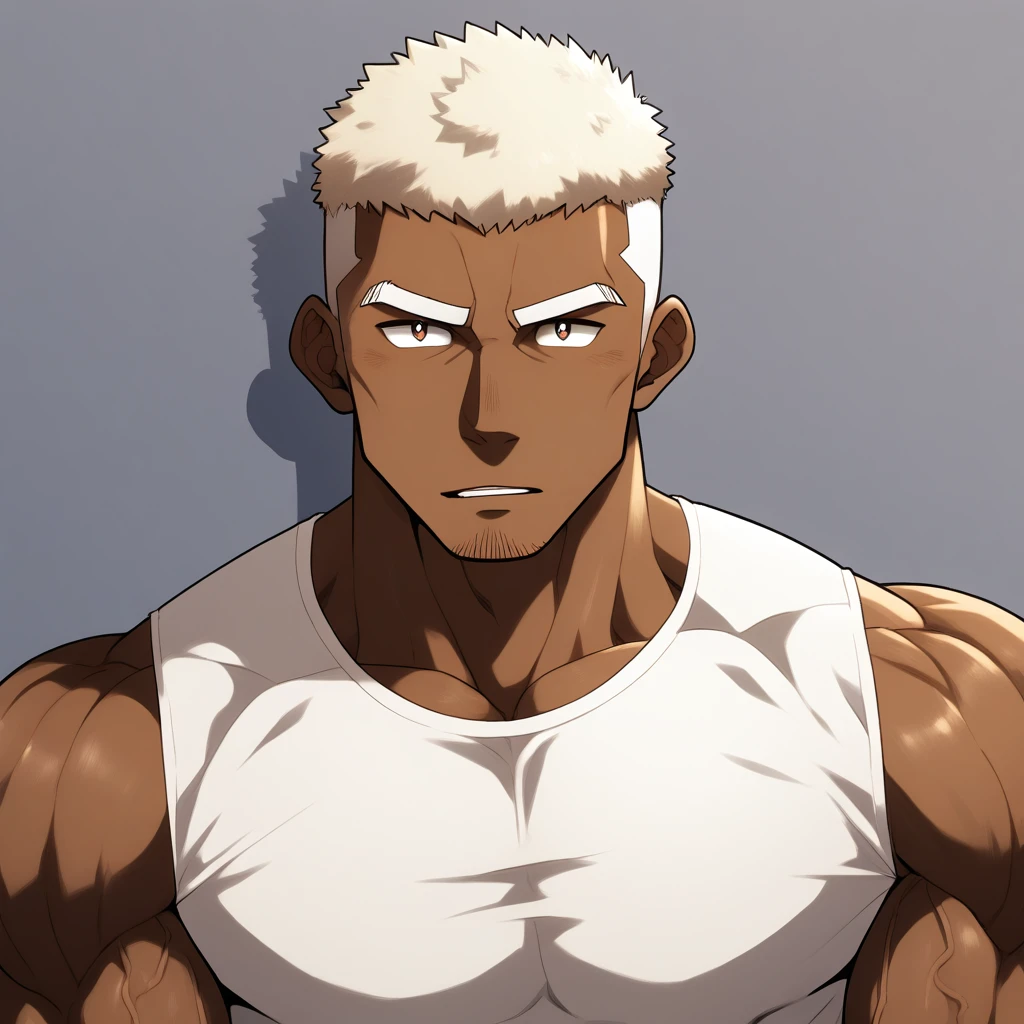 negro,negro,negro,anime characters:Gyee, Fitness coach, negro black skin, 1 muscular tough guy, Manliness, male focus, Cream White Sleeveless Tight T-Shirt, Very tight, The pectoral muscles are oversized, Slightly transparent, muscular male, muscular, only, Upper body, alone, White short hair, Thick eyebrows, stubble, Brown eyes, Grey background, simple background, amazing quality, best aesthetics, Ridiculous, bright pupils, crew cut, parted lips, seductive smile, torogao, naughty face, drop shadow, best quality