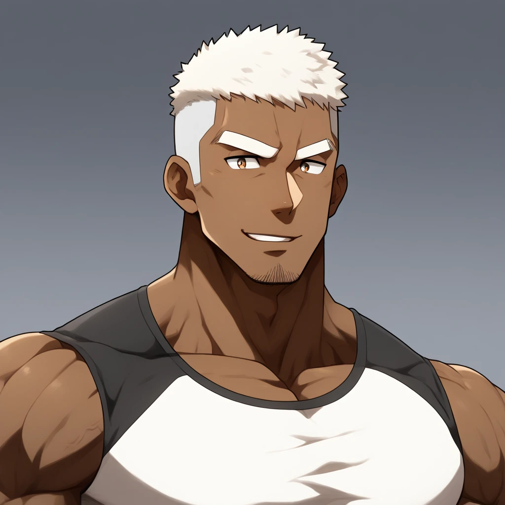 negro，negro，negro，anime characters：Gyee, Fitness coach, negro black skin, 1 muscular tough guy, Manliness, male focus, Cream White Sleeveless Tight T-Shirt, Very tight, The pectoral muscles are oversized, Slightly transparent, muscular male, muscular, only, Upper body, alone, White short hair, Thick eyebrows, stubble, Brown eyes, Grey background, simple background, amazing quality, best aesthetics, Ridiculous, bright pupils, crew cut, parted lips, seductive smile, torogao, naughty face, drop shadow, best quality