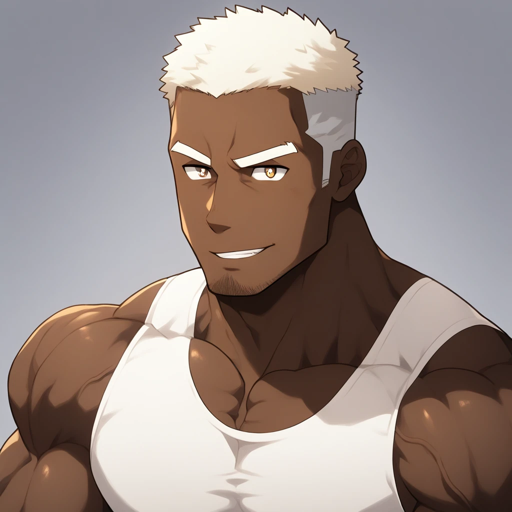 negro,negro,negro,anime characters:Gyee, Fitness coach, negro black skin, 1 muscular tough guy, Manliness, male focus, Cream White Sleeveless Tight T-Shirt, Very tight, The pectoral muscles are oversized, Slightly transparent, muscular male, muscular, only, Upper body, alone, White short hair, Thick eyebrows, stubble, Brown eyes, Grey background, simple background, amazing quality, best aesthetics, Ridiculous, bright pupils, crew cut, parted lips, seductive smile, torogao, naughty face, drop shadow, best quality