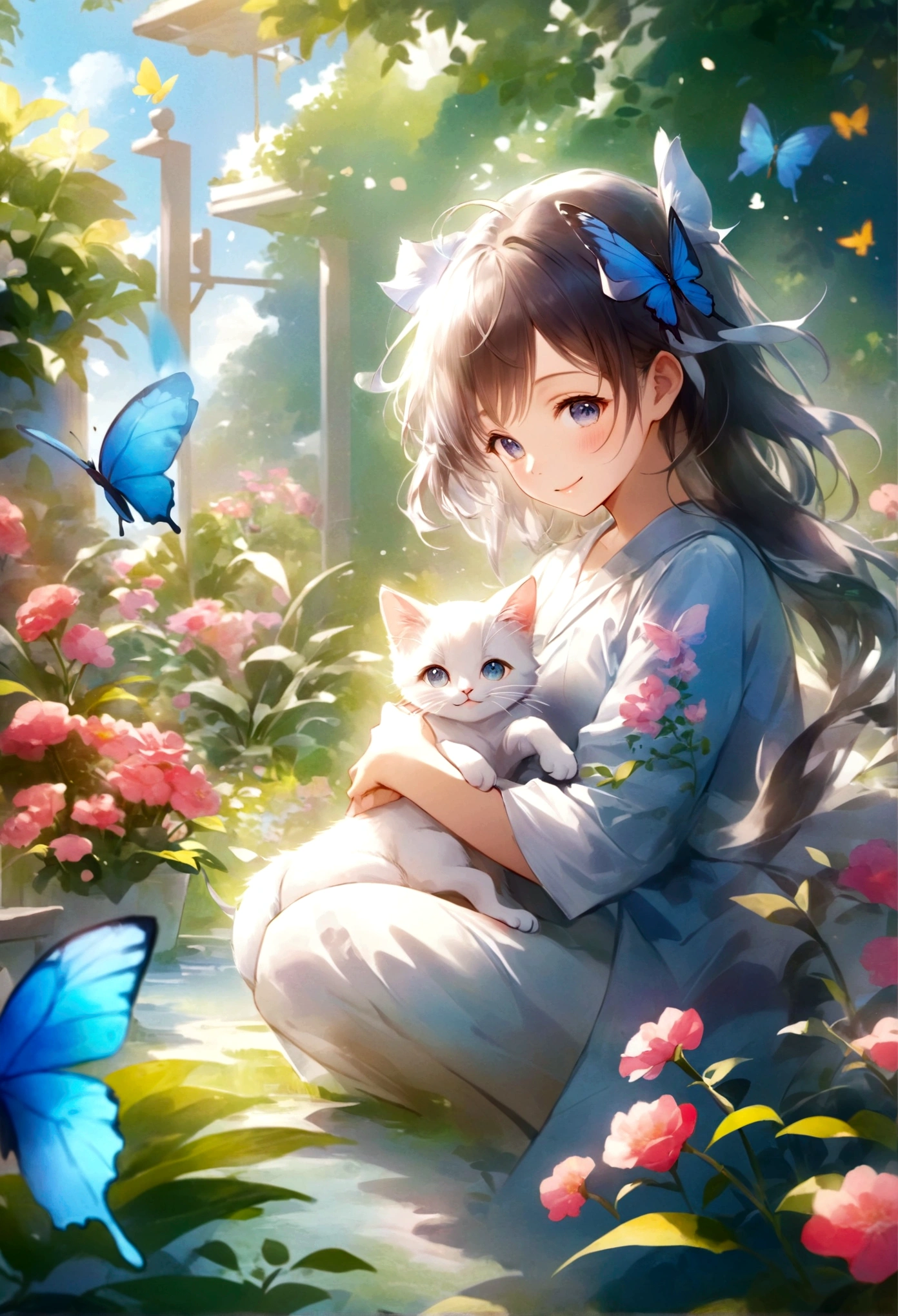 （Highest quality）（Watercolor）Smiling anime girl with cat and butterfly in the garden、Smiling eyes、Cute detailed digital art、Very beautiful anime cat girl、Anime style 4k、Soft anime illustration、guweiz style artwork、beautiful anime catgirl、anime art wallpaper 4k、anime art wallpaper 4k、Cute digital art、Anime fantasy illustration、Anime Art Wallpapers 8K