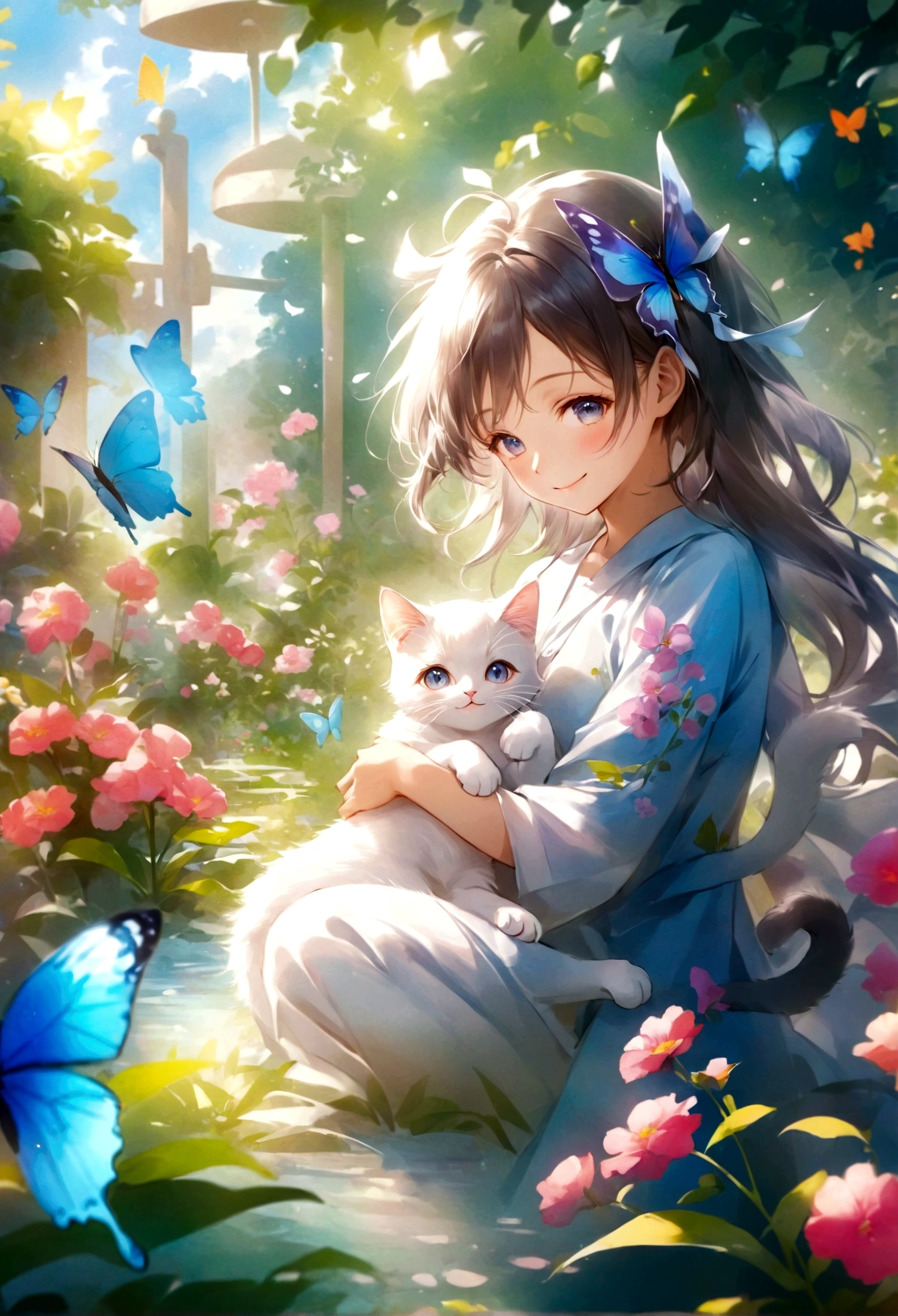 （Highest quality）（Watercolor）Smiling anime girl with cat and butterfly in the garden、Smiling eyes、Cute detailed digital art、Very beautiful anime cat girl、Anime style 4k、Soft anime illustration、guweiz style artwork、beautiful anime catgirl、anime art wallpaper 4k、anime art wallpaper 4k、Cute digital art、Anime fantasy illustration、Anime Art Wallpapers 8K