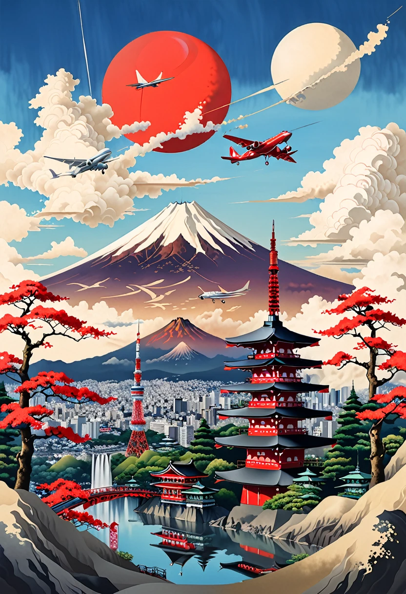 Japanese Landscape,Fuji Mountain,Tokyo Tower,plane,Kyoto,Asakusa,Osaka,Fukuoka,Style of Japan painting,Highest quality,Ultra-high resolution,Golden Ratio,Maximum Coefficient,Cappadocia