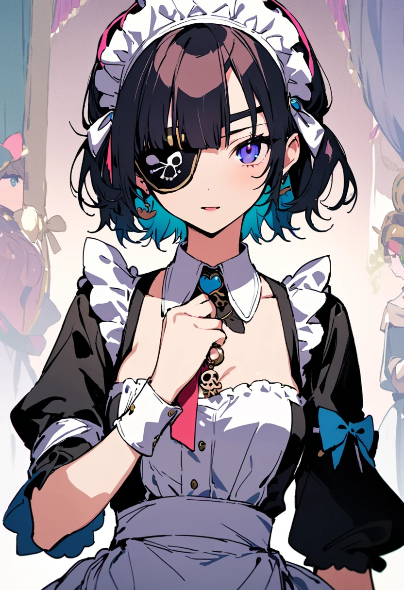 masterpiece, Highest quality, Illustration of the novel, High resolution, 18+ Adult content, Sensual, Intimate, Emotional, Passionate, romantic, sweet, Adorable, Innocent, Pure, Charmな, Charmな, Charm, mysterious, Charmな, Charmな, Immersive, Charmな, dream-like, Surreal, Imaginative, Whimsical, Artistic, Avant-garde, timeless, elegant, Sophisticated, chic, Sophisticated, personality, original, Charmな,((Maid clothes:1.3)),((Loli Pirate:1.3)),((Eye patch:1.3))、((Upper Body:1.3))