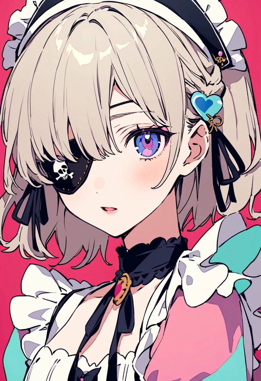 masterpiece, Highest quality, Illustration of the novel, High resolution, 18+ Adult content, Sensual, Intimate, Emotional, Passionate, romantic, sweet, Adorable, Innocent, Pure, Charmな, Charmな, Charm, mysterious, Charmな, Charmな, Immersive, Charmな, dream-like, Surreal, Imaginative, Whimsical, Artistic, Avant-garde, timeless, elegant, Sophisticated, chic, Sophisticated, personality, original, Charmな,((Maid clothes:1.3)),((Loli Pirate:1.3)),((Eye patch:1.3))、((Upper Body:1.3))